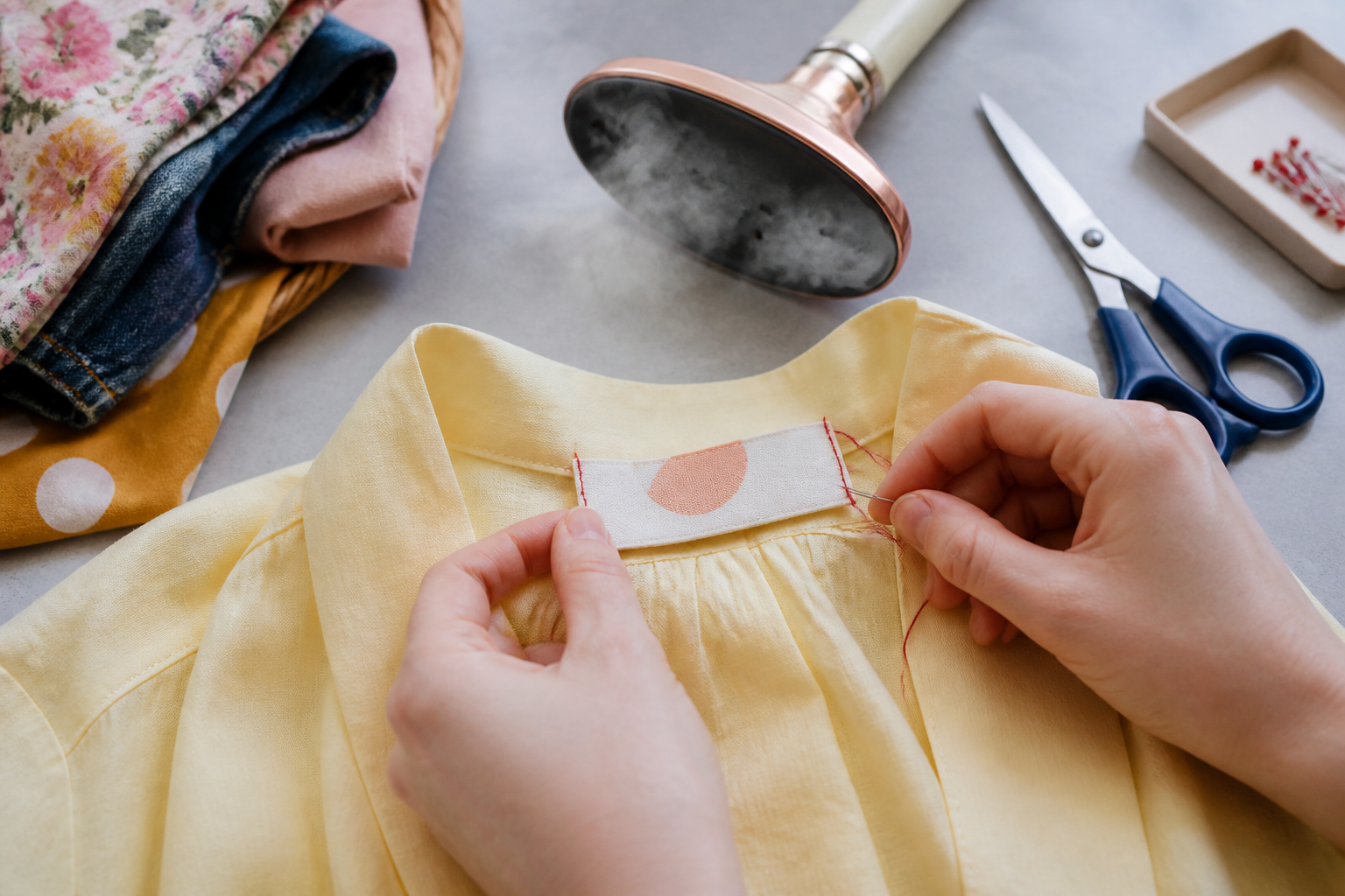 New label being sewn into a freshly steamed blouse
