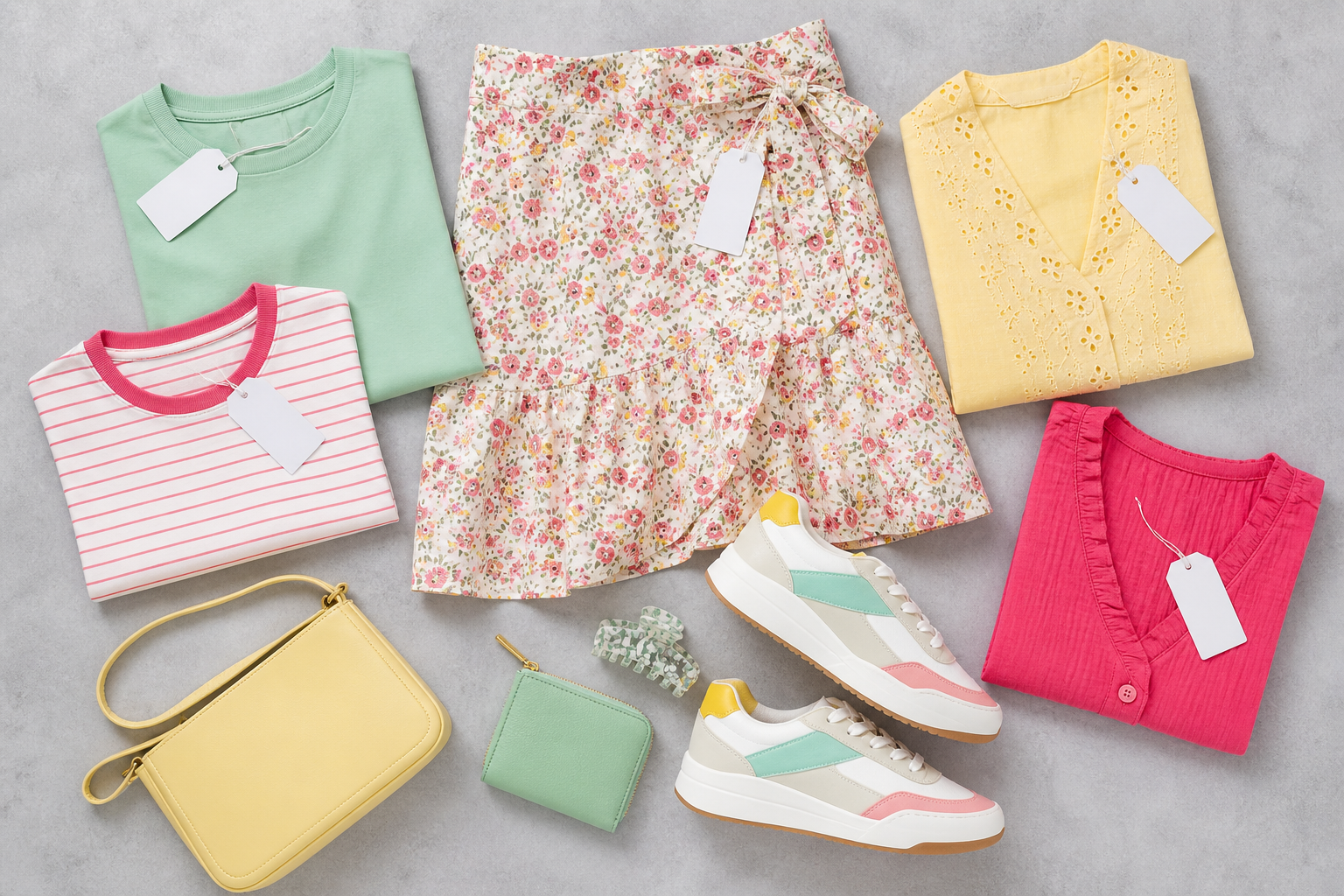 Colourful flat lay of a GladRags clothing drop