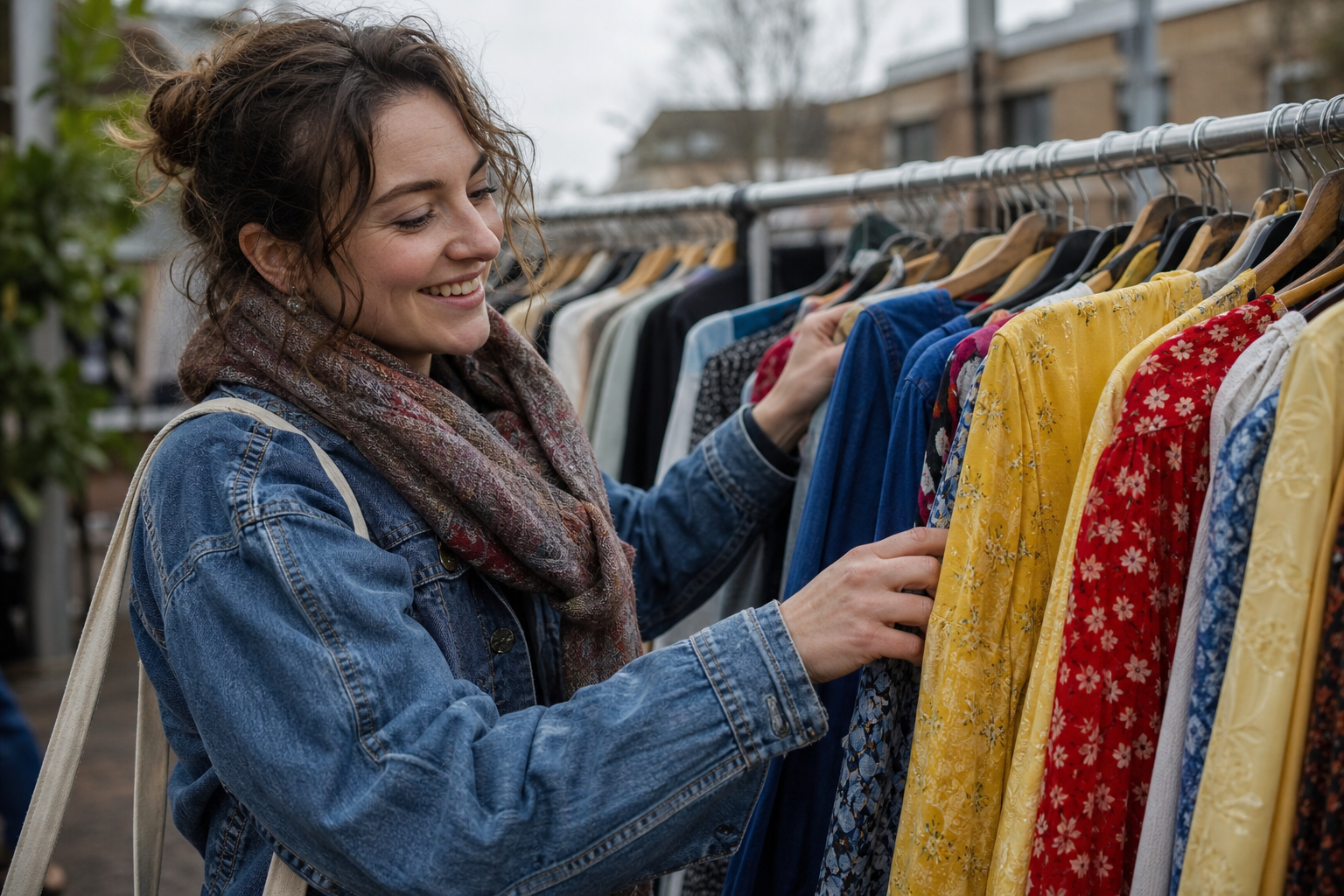Sorting a colourful rail of women's secondhand clothes